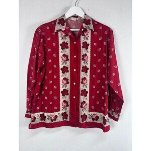 Banana Republic Women Red Floral Button-Down Shirt Blouse Top Medium Long Sleeve